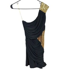 Y2K Black Gold One Shoulder Cocktail Dress L Ruched Bodycon Glam Evening